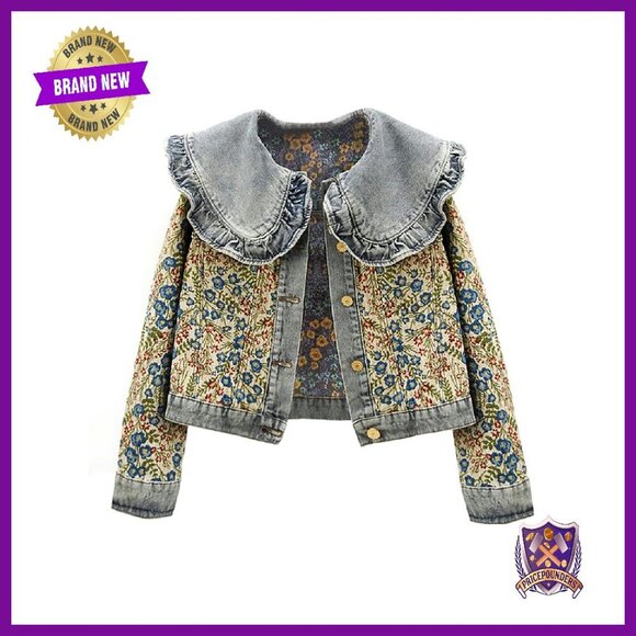 Jackets & Blazers - Long Sleeve Jacquard Denim Jacket Peter Pan Collar Button Front